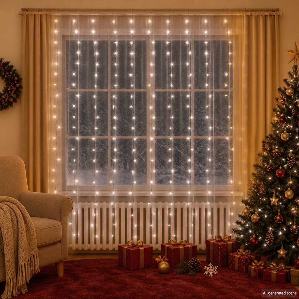 LED-Lichtervorhang 3x3 m 300 LED Kaltweiß 8 Funktionen