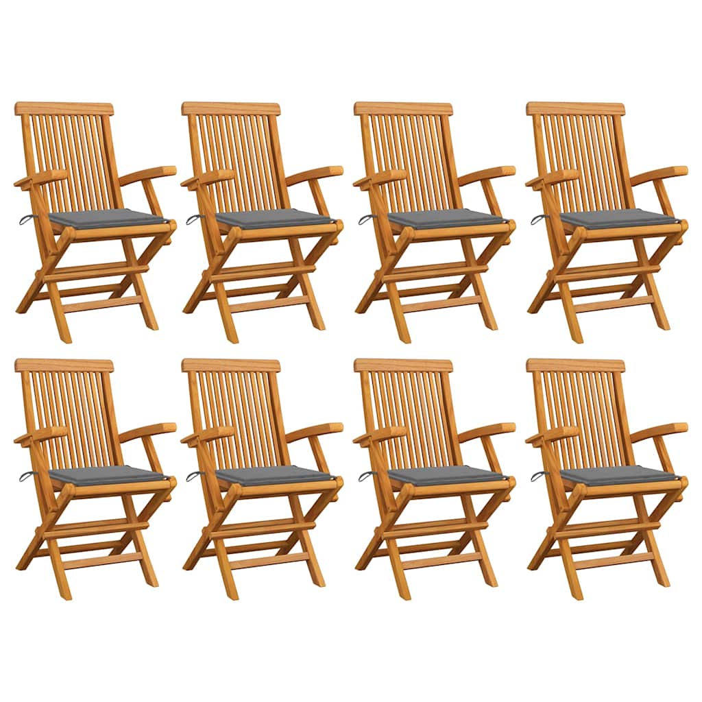 Klappstühle mit grauen Kissen, 8-teilig, Massivholz Teakholz