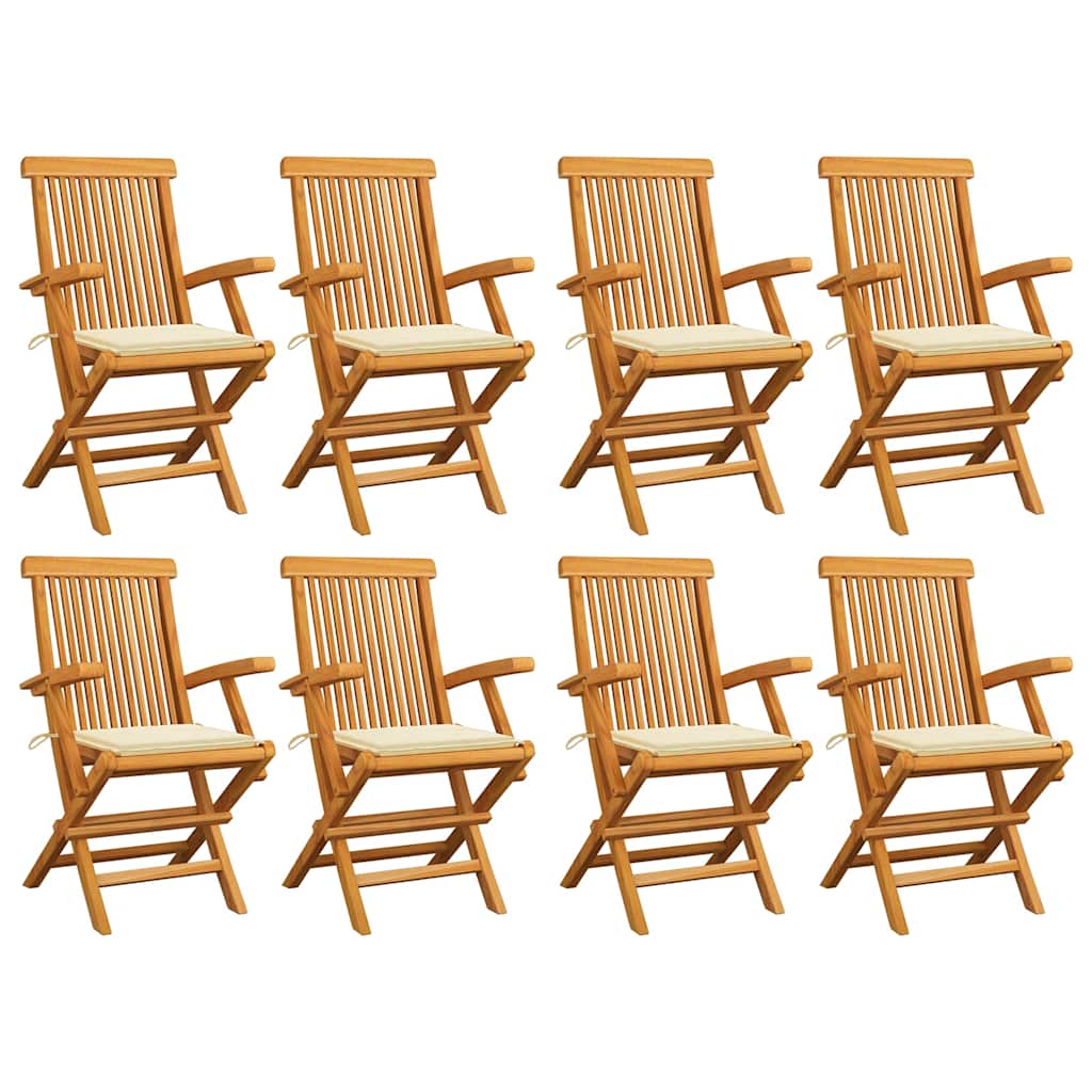 Klappstühle mit cremefarbenen Kissen, 8-teilig, Massivholz Teakholz