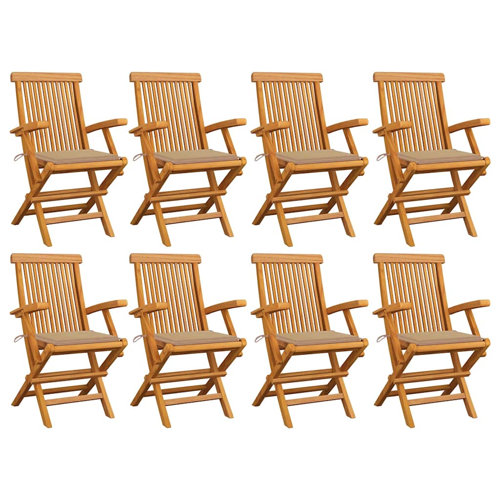 Klappstühle mit beigen Kissen, 8-teilig, Massivholz Teakholz