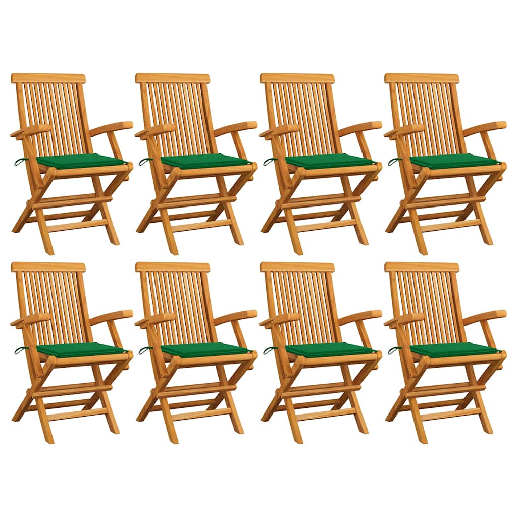 Klappstühle mit grünen Kissen, 8-teilig, Massivholz Teakholz