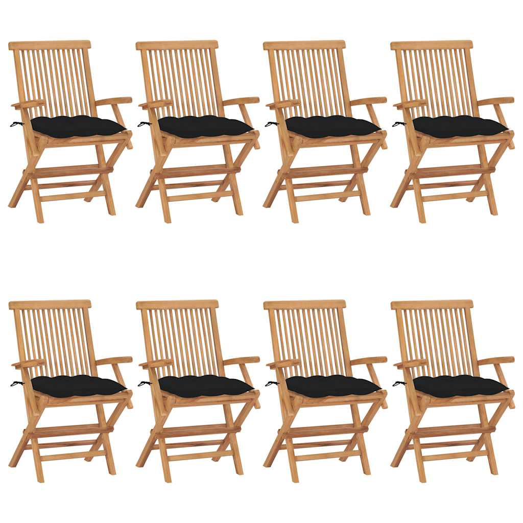 Klappstühle mit schwarzen Kissen, 8-teilig, Massivholz Teakholz