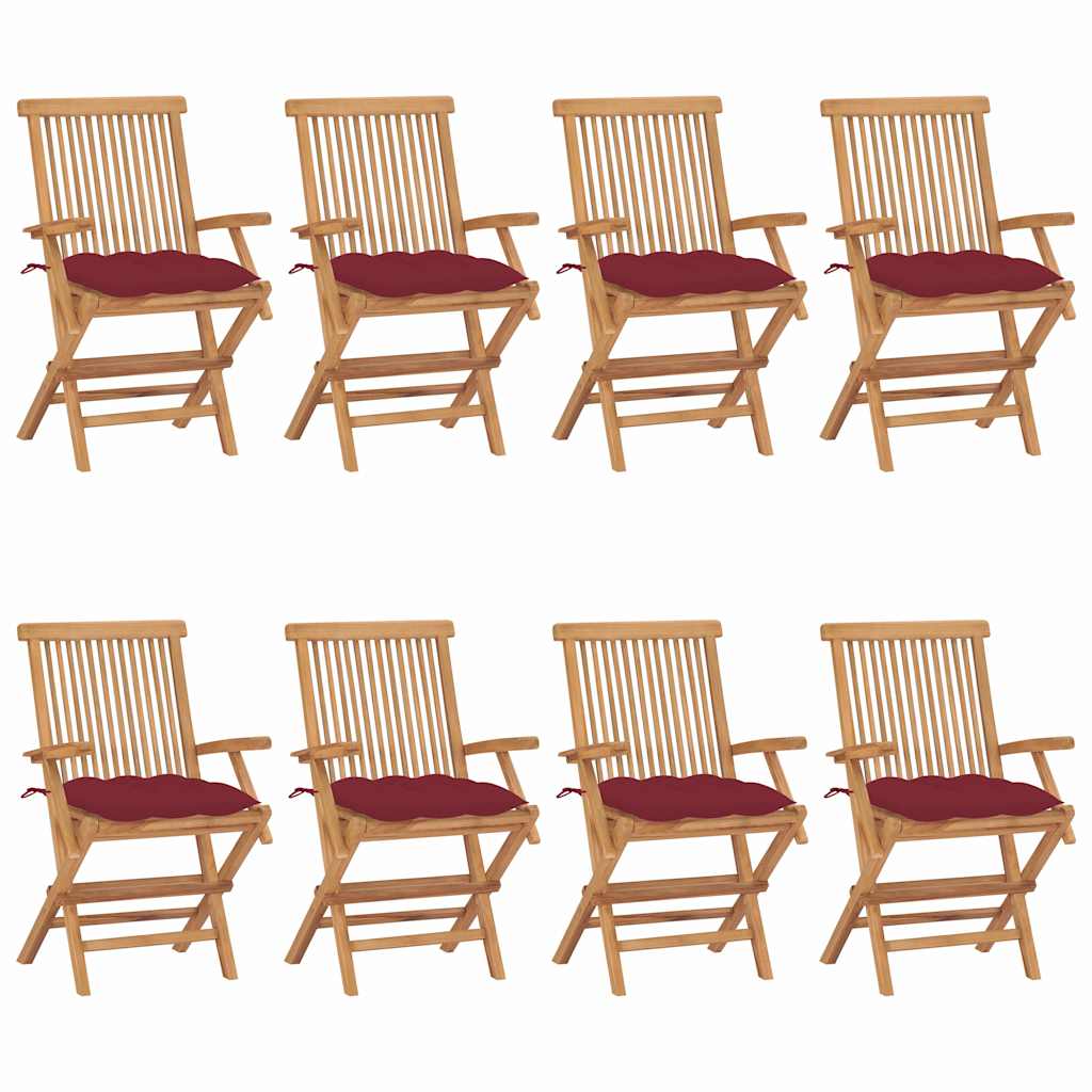Klappstühle mit weinroten Kissen, 8-teilig, Massivholz Teakholz