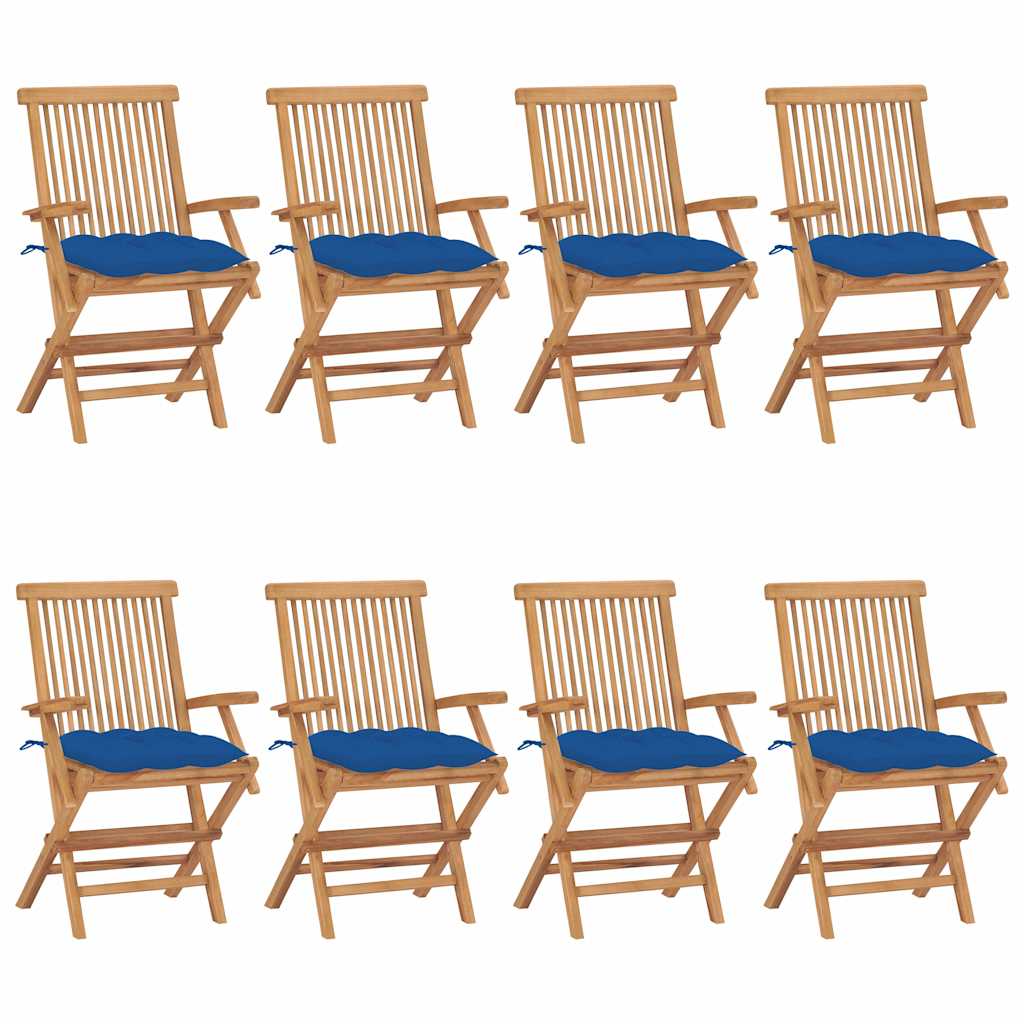 Klappstühle mit blauen Kissen, 8-teilig, Massivholz Teakholz