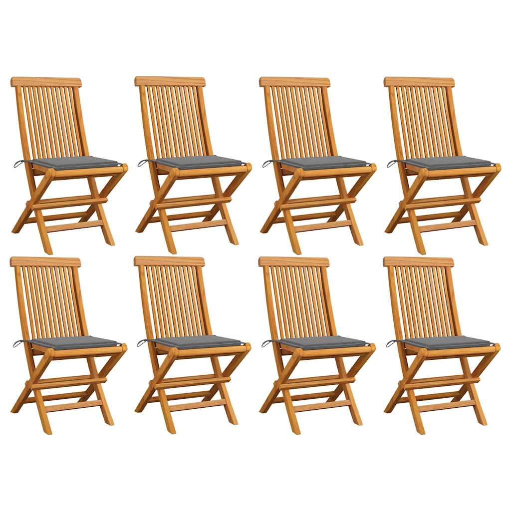 Klappstühle mit grauen Kissen, 8-teilig, Massivholz Teakholz