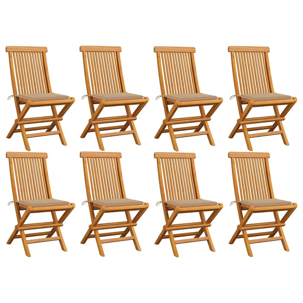 Klappstühle mit beigen Kissen, 8-teilig, Massivholz Teakholz