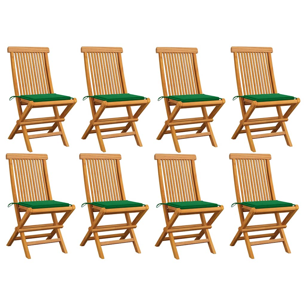Klappstühle mit grünen Kissen, 8-teilig, Massivholz Teakholz