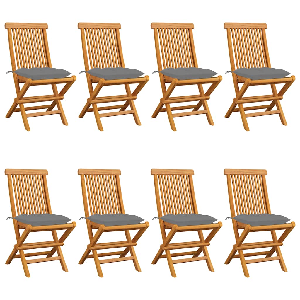 Klappstühle mit grauen Kissen, 8-teilig, Massivholz Teakholz