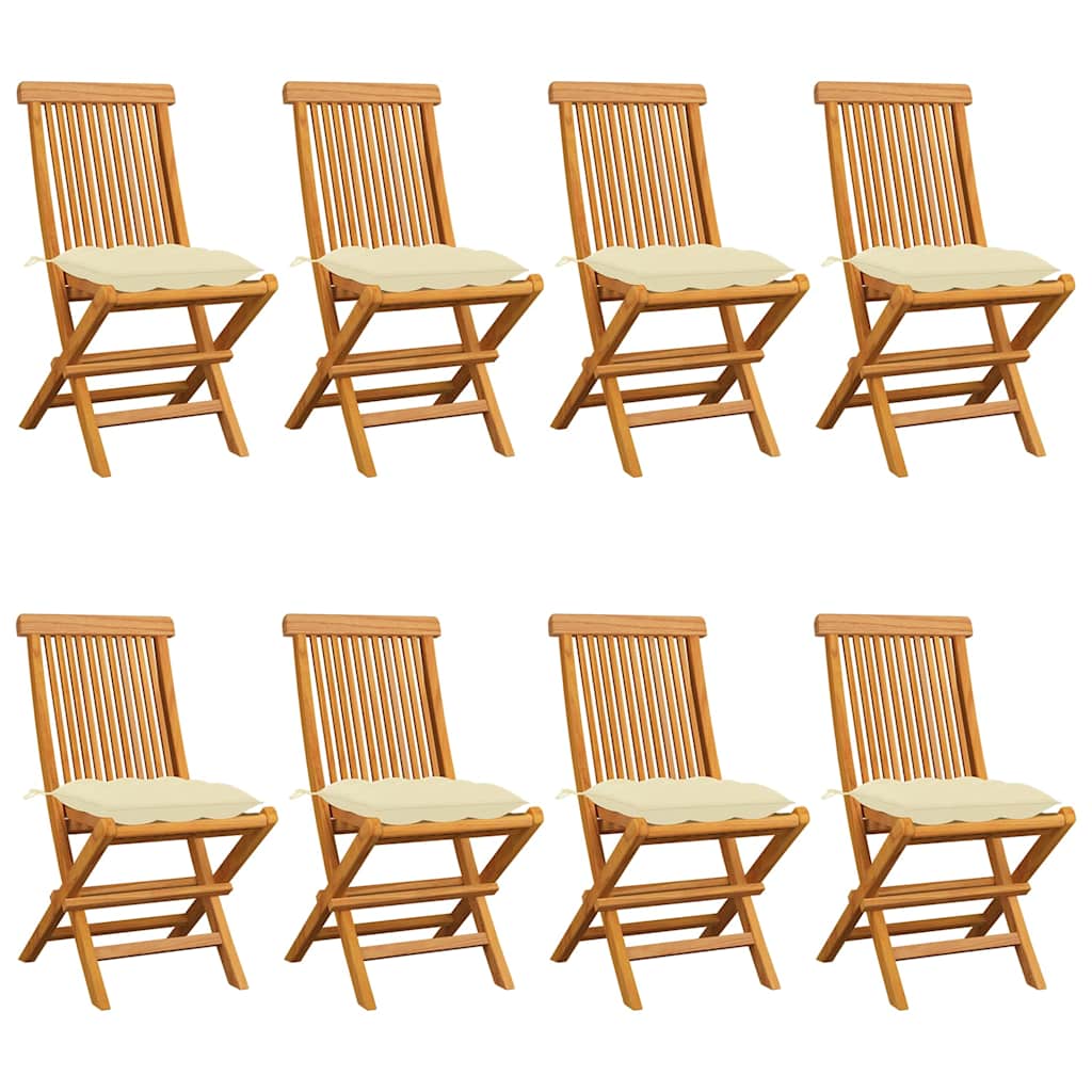 Klappstühle mit cremeweißen Kissen, 8-teilig, aus massivem Teakholz