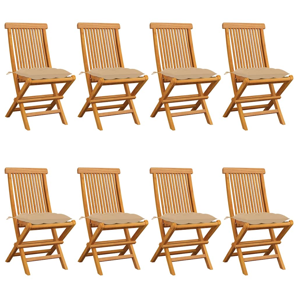 Klappstühle mit beigen Kissen, 8-teilig, Massivholz Teakholz