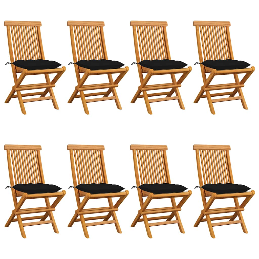 Klappstühle mit schwarzen Kissen, 8-teilig, Massivholz Teakholz