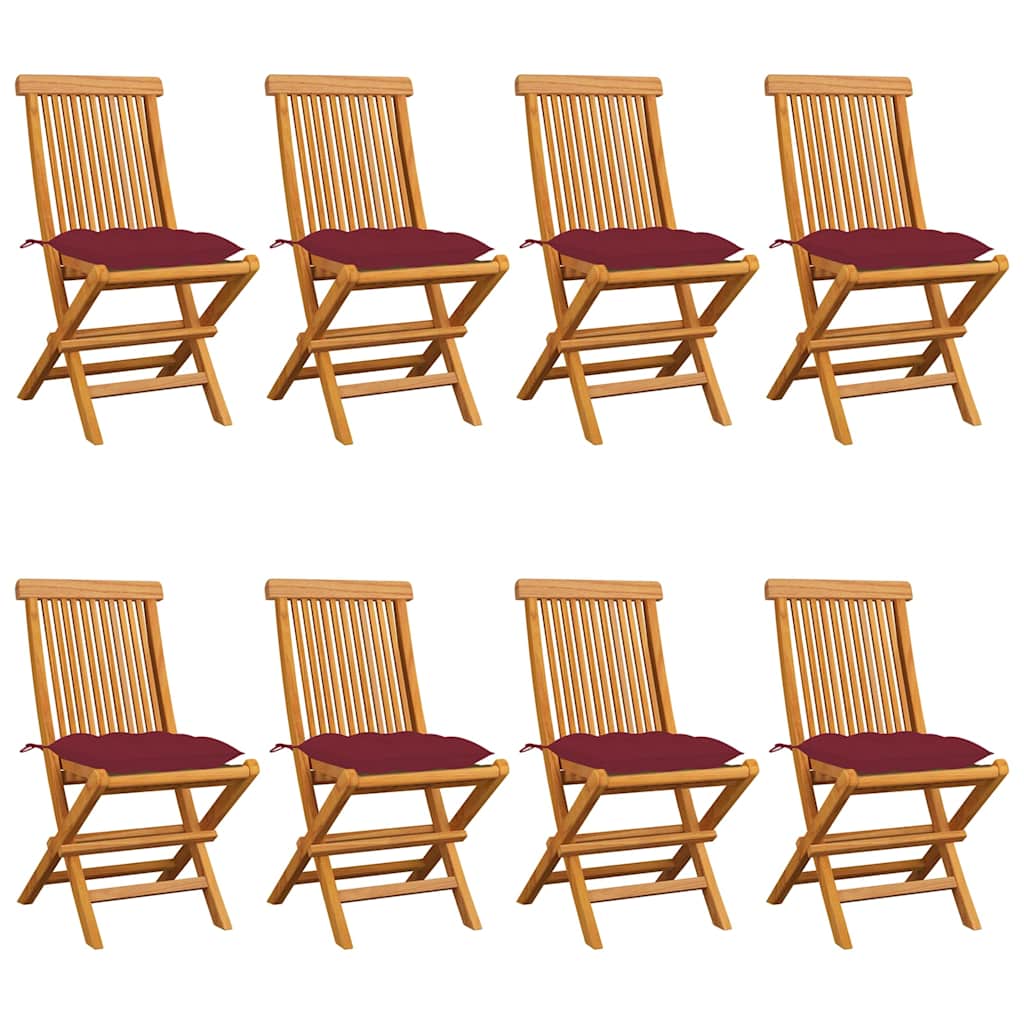 Klappstühle mit weinroten Kissen, 8-teilig, Massivholz Teakholz