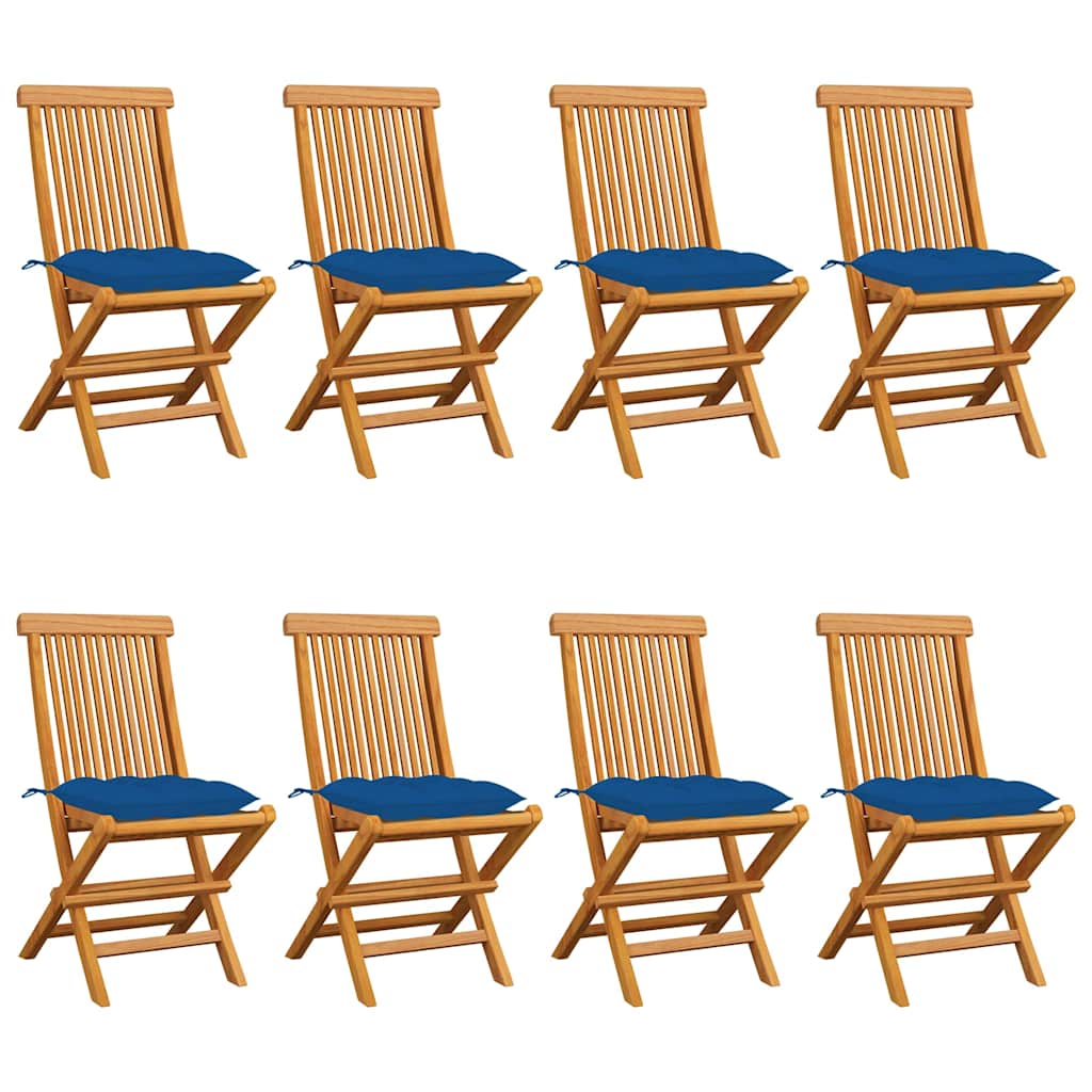 Klappstühle mit blauen Kissen, 8-teilig, Massivholz Teakholz