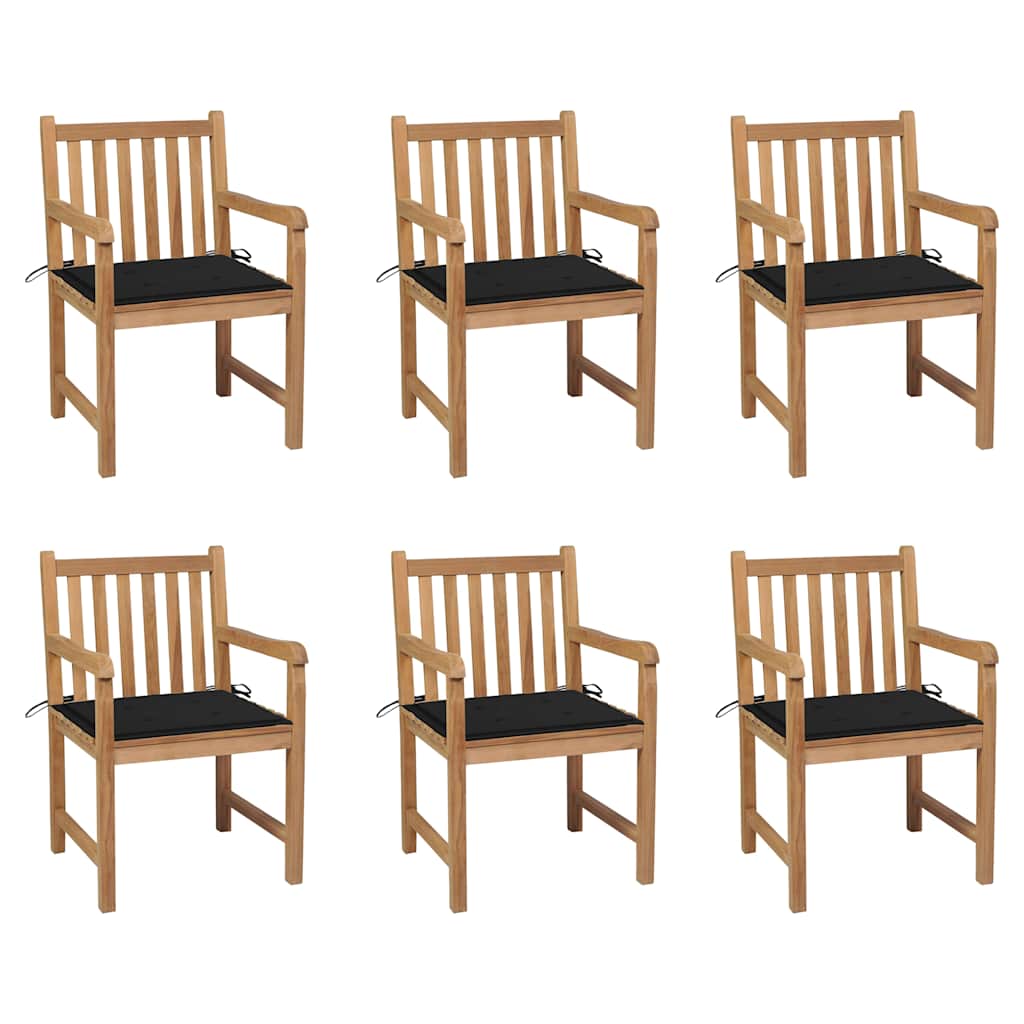 Gartenstühle 6 Stk. mit Schwarzen Kissen Massivholz Teak