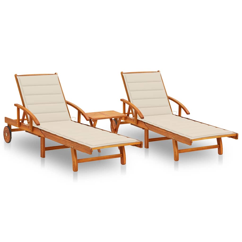 Sonnenliegen 2 Stk. mit Tisch und Auflagen Massivholz Akazie