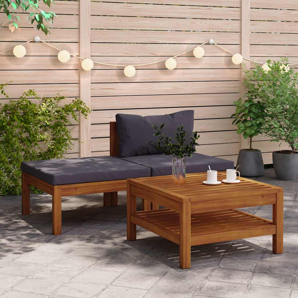 3-tlg. Garten-Lounge-Set mit Dunkelgrauen Kissen Akazienholz
