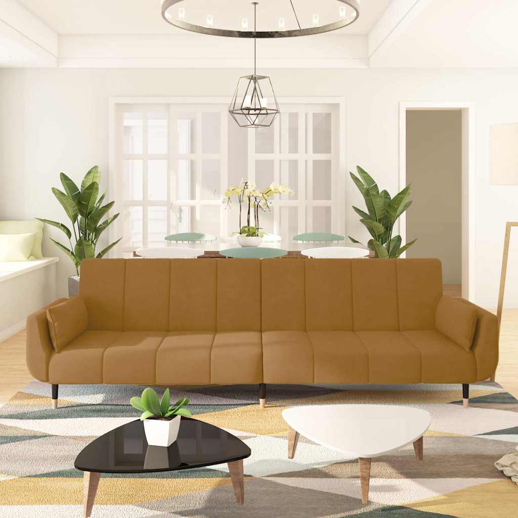 Schlafsofa 2-Sitzer mit 2 Kissen Braun Samt