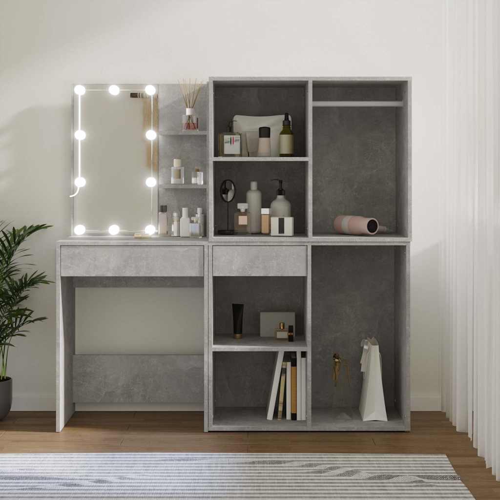 LED-Schminktisch mit 2 Schränken Betongrau Holzwerkstoff
