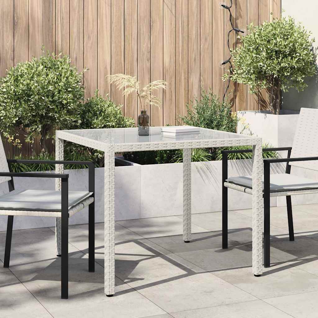 Gartentisch 90x90x75 cm Gehärtetes Glas Poly Rattan Weiß