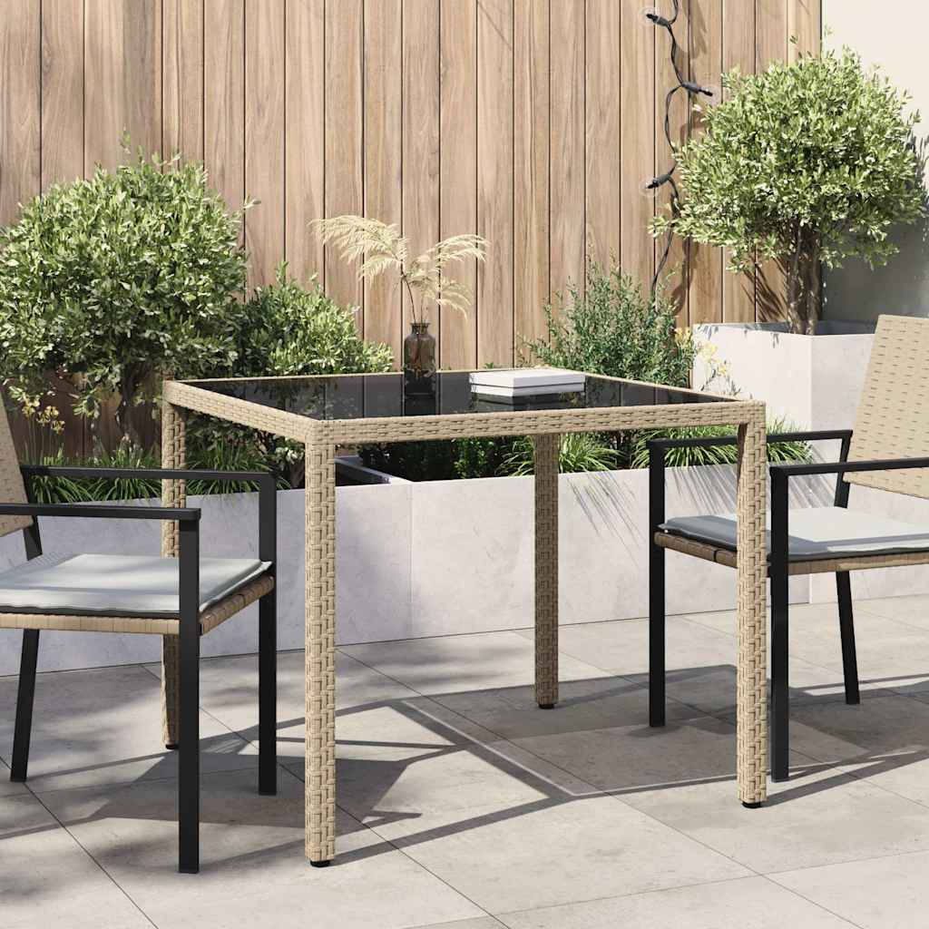 Gartentisch 90x90x75 cm Gehärtetes Glas Poly Rattan Beige
