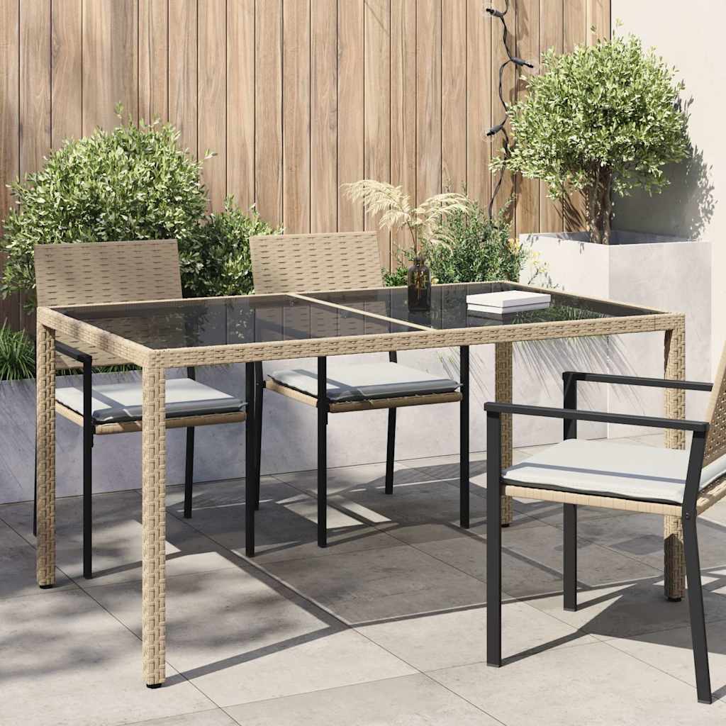 Gartentisch 150x90x75 cm Gehärtetes Glas Poly Rattan Beige
