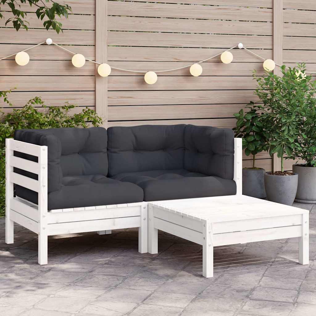 3-tlg. Garten-Lounge-Set mit Kissen in Weiß Kiefer Massivholz