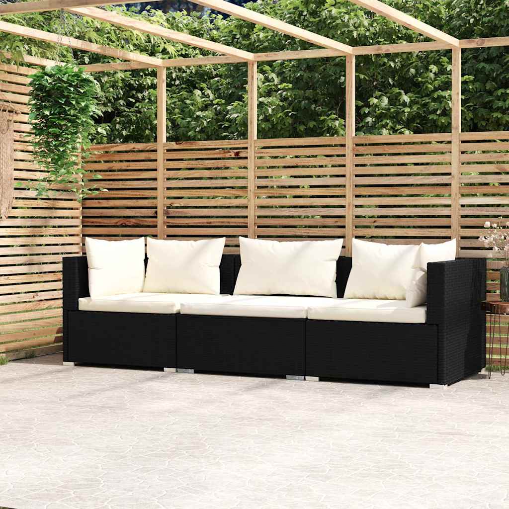 3-Sitzer-Sofa mit Kissen Schwarz Poly Rattan