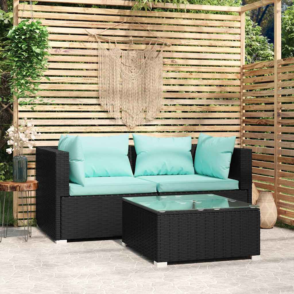 3-tlg. Garten-Lounge-Set mit Kissen Schwarz Poly Rattan