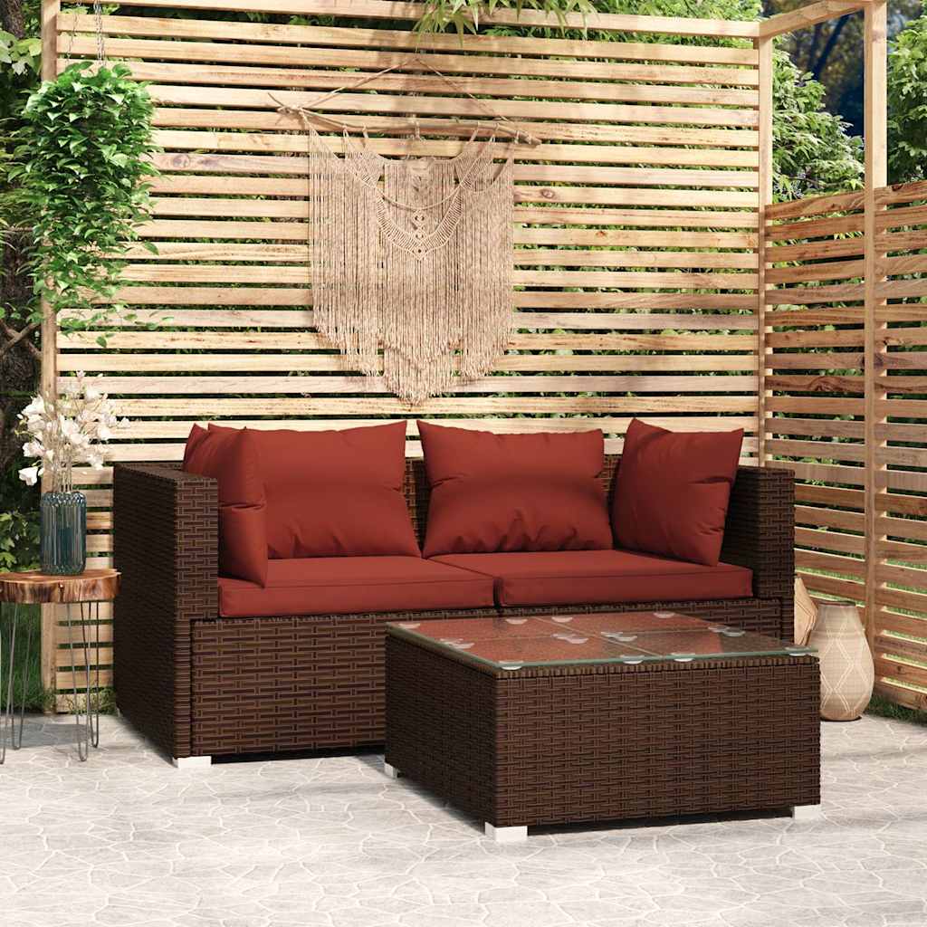 3-tlg. Garten-Lounge-Set mit Kissen Braun Poly Rattan