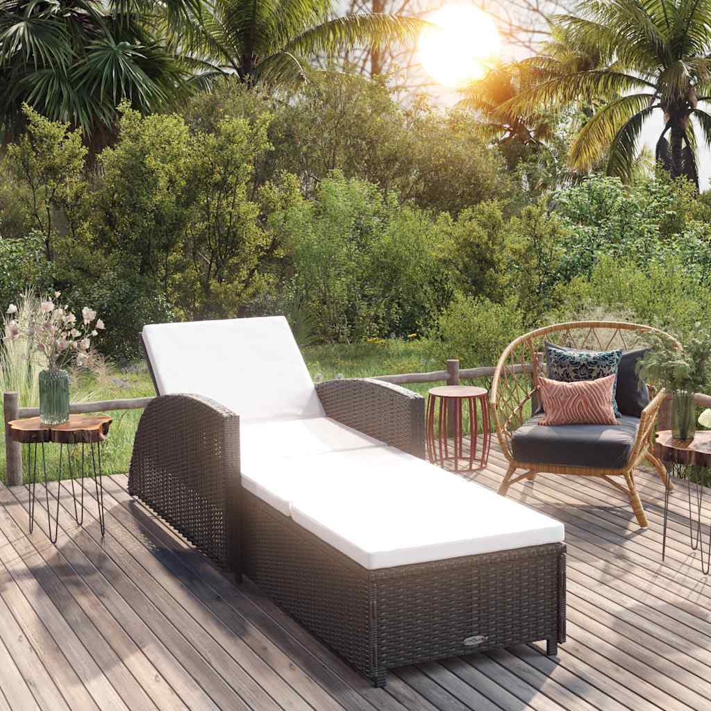 Sonnenliege mit Cremeweißer Auflage Poly Rattan Schwarz