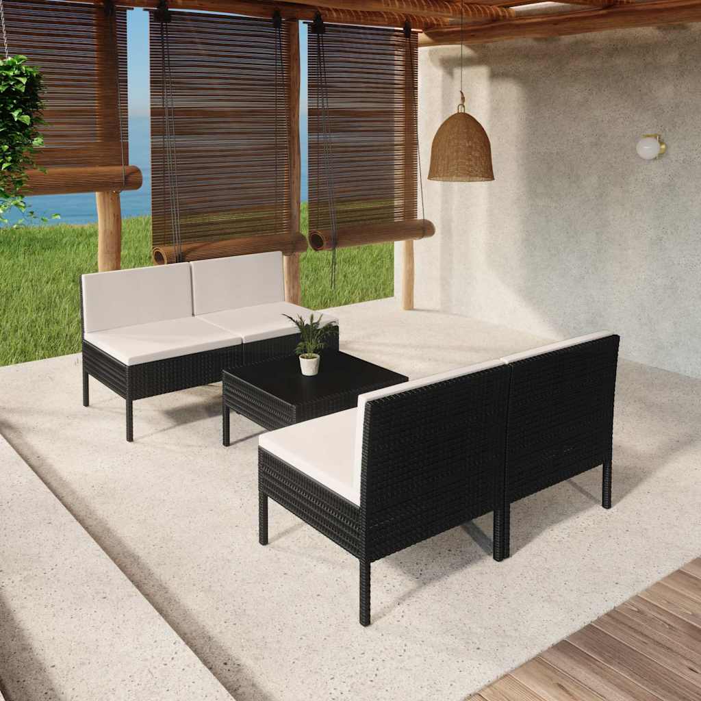 5-tlg. Garten-Lounge-Set mit Auflagen Poly Rattan Schwarz