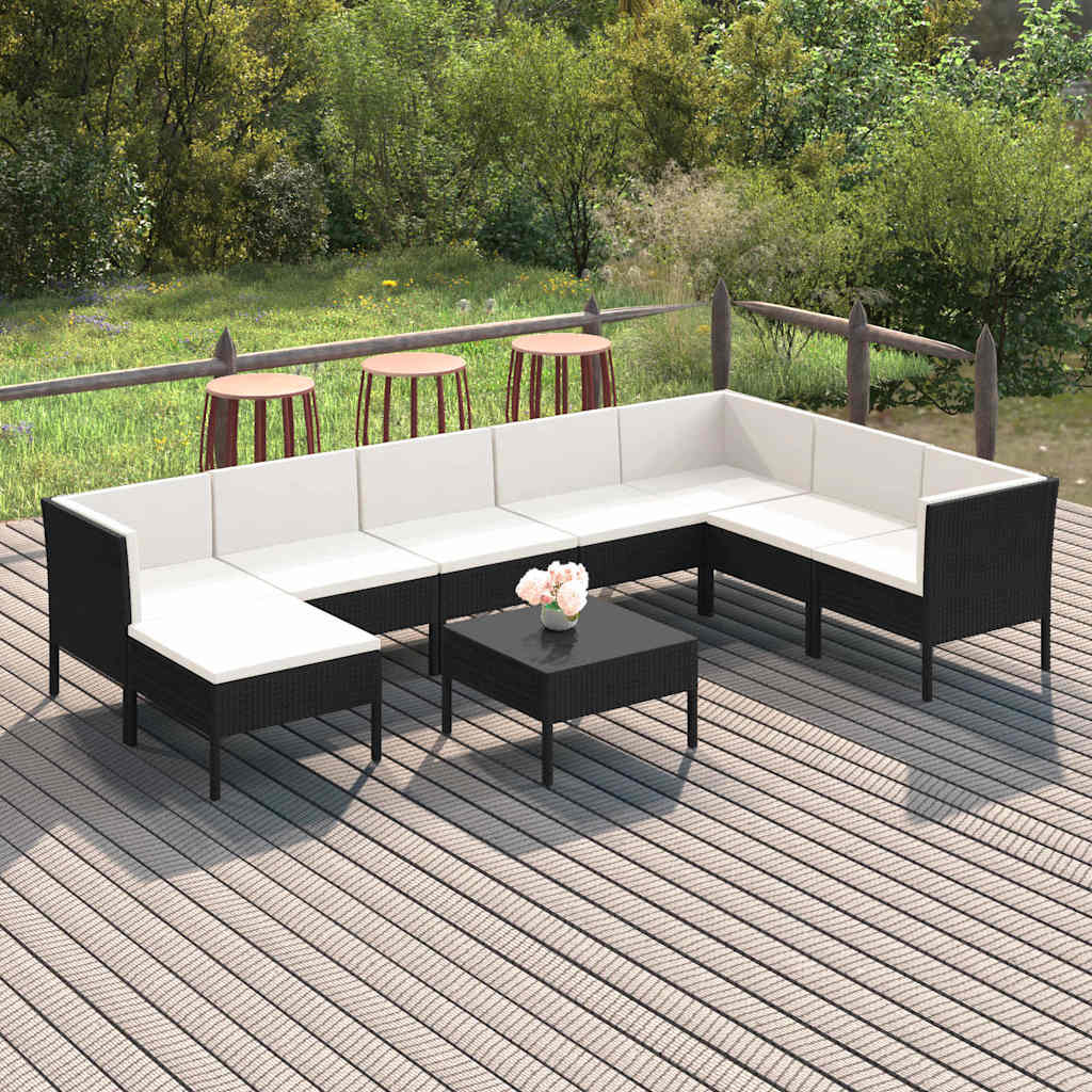 9-tlg. Garten-Lounge-Set mit Auflagen Poly Rattan Schwarz
