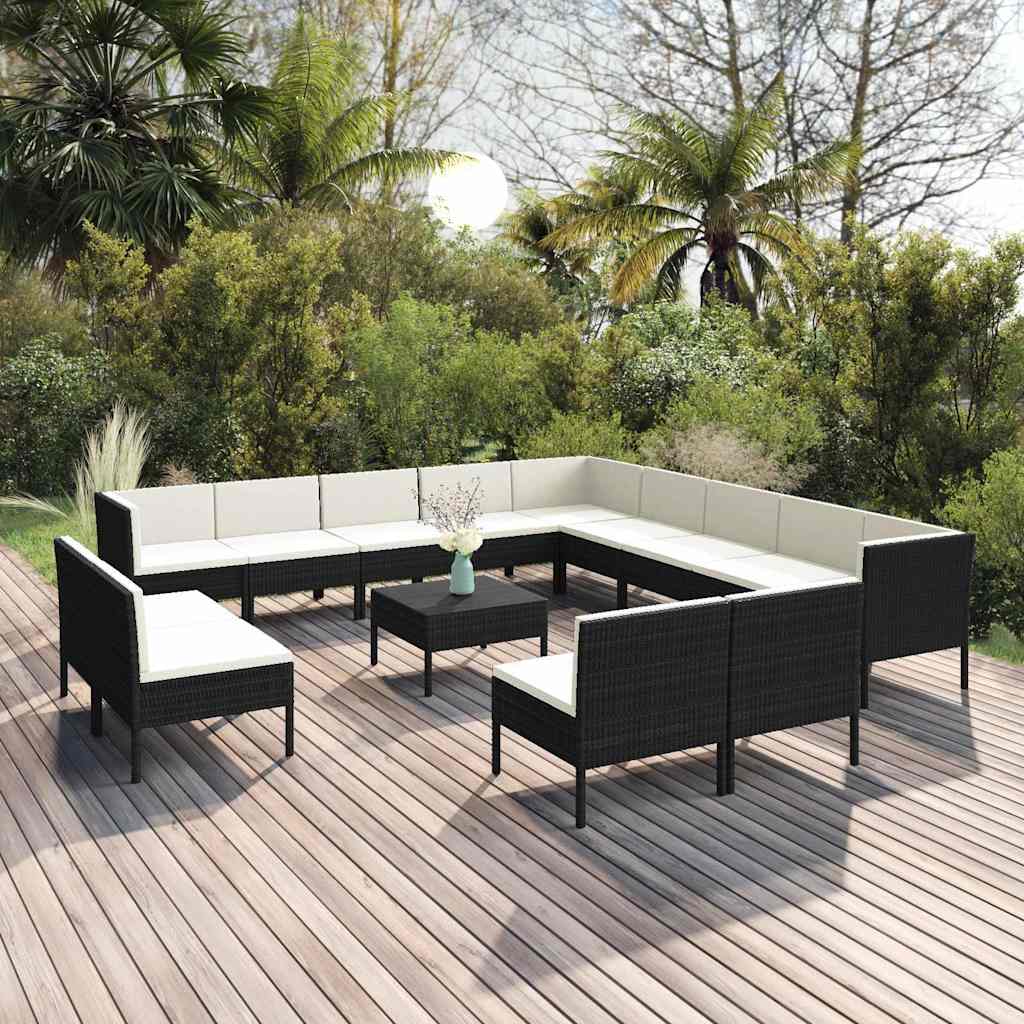 14-tlg. Garten-Lounge-Set mit Auflagen Poly Rattan Schwarz