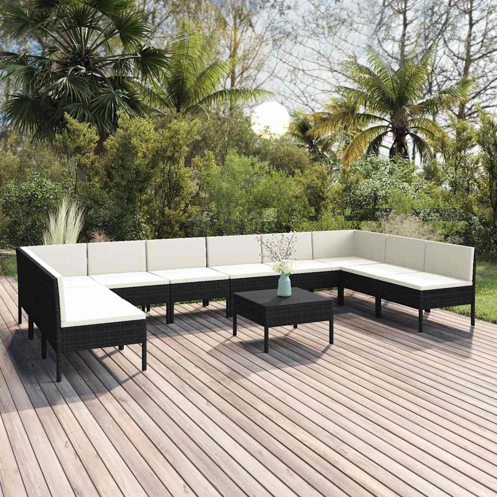 11-tlg. Garten-Lounge-Set mit Auflagen Poly Rattan Schwarz