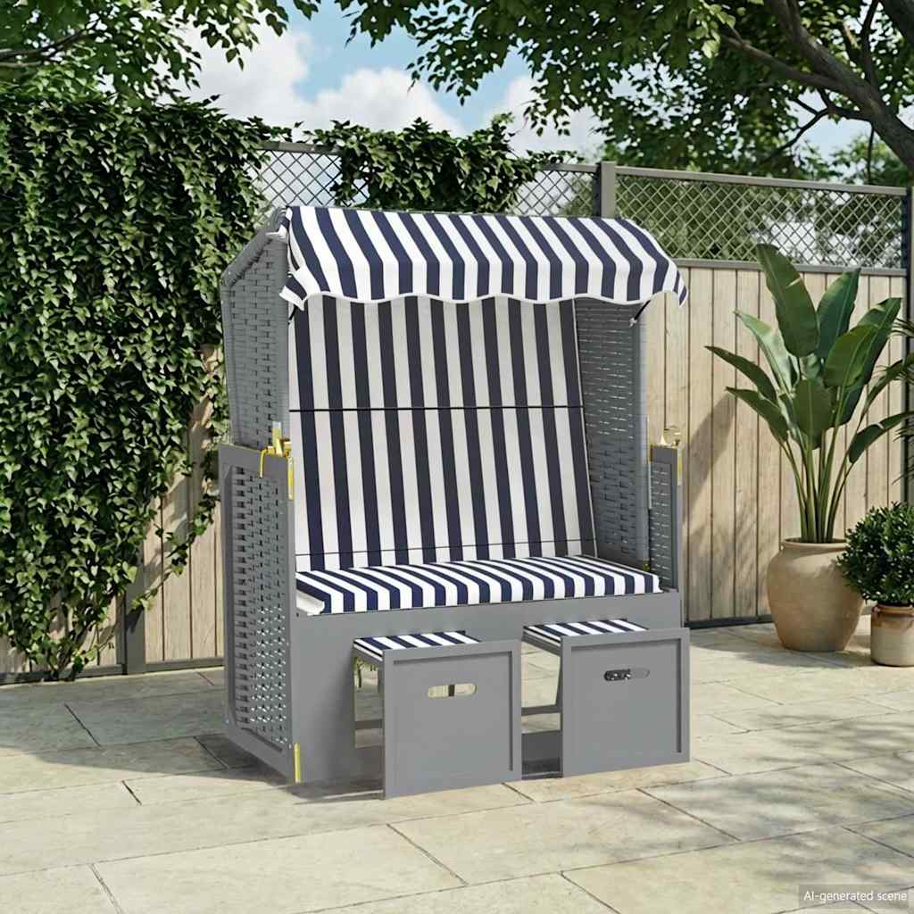 Strandkorb mit Dach Poly Rattan und Massivholz Blau & Weiß