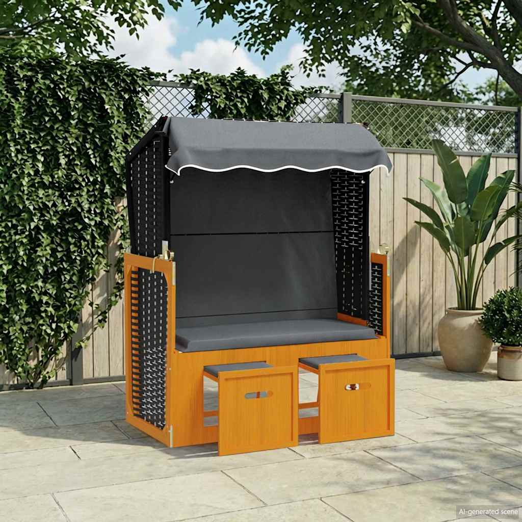 Strandkorb mit Dach Poly Rattan & Massivholz Schwarz Anthrazit