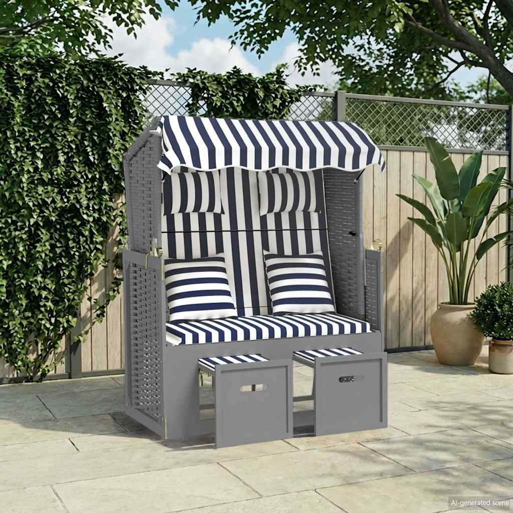 Strandkorb mit Kissen Poly Rattan und Massivholz Blau & Weiß