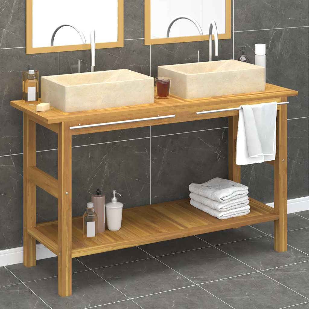 Waschtisch mit Creme Marmorbecken Massivholz Teak