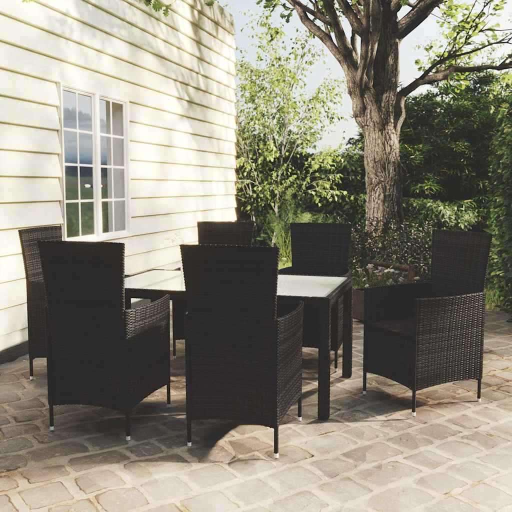 7-tlg. Garten-Essgruppe mit Auflagen Poly Rattan Schwarz
