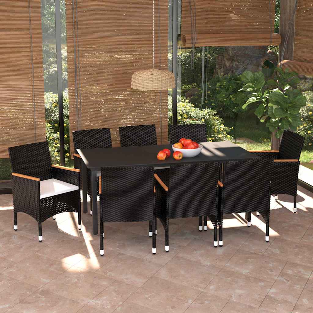 9-tlg. Garten-Essgruppe mit Kissen Poly Rattan Schwarz