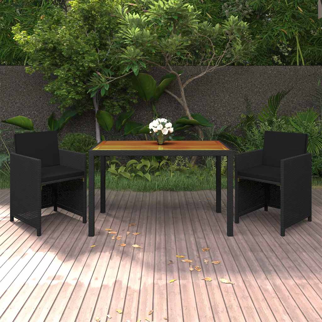 3-tlg. Garten-Essgruppe mit Kissen Poly Rattan Schwarz