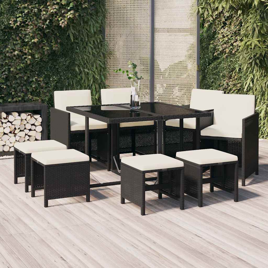 9-tlg. Garten-Essgruppe mit Kissen Poly Rattan Schwarz