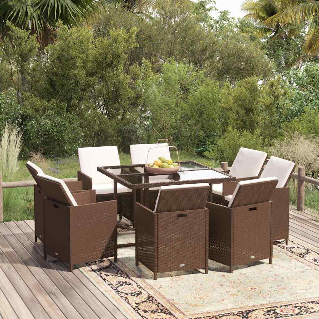 9-tlg. Garten-Essgruppe mit Kissen Poly Rattan Braun