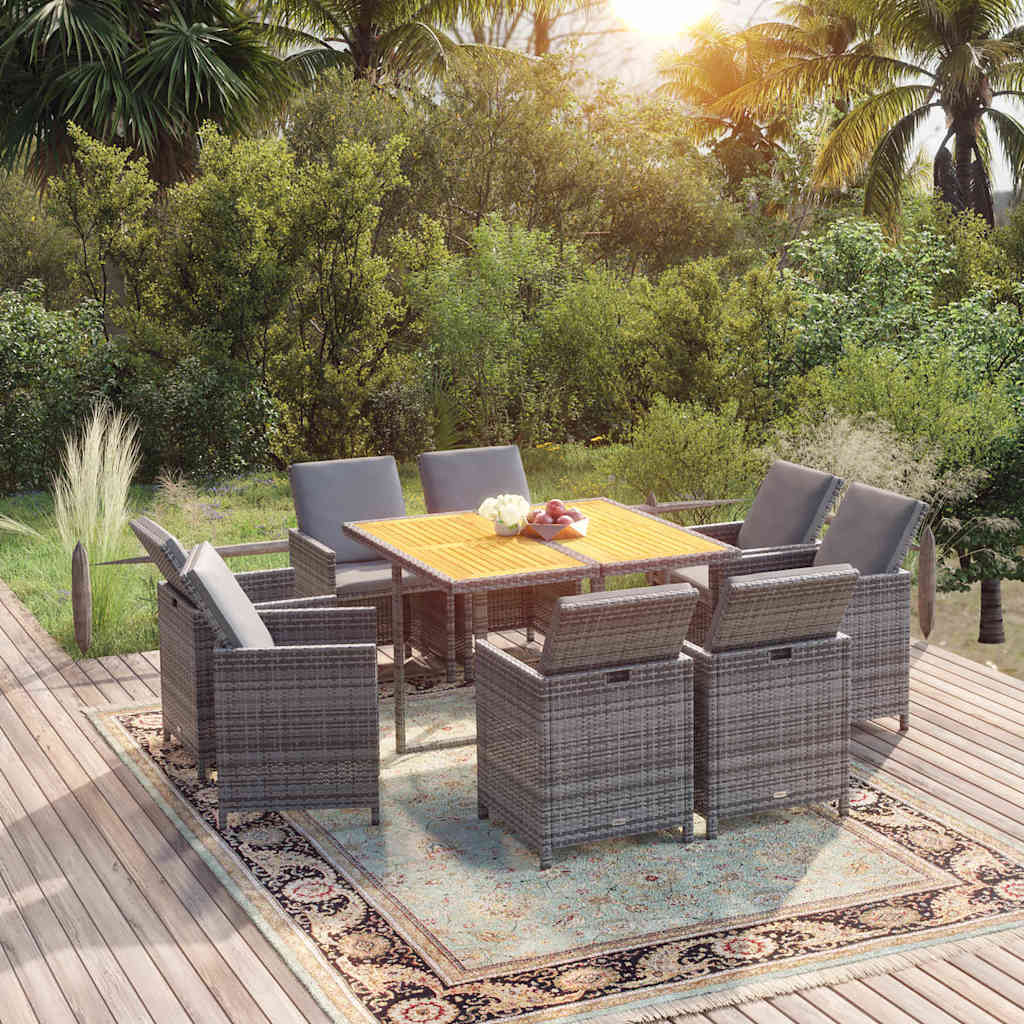 9-tlg. Garten-Essgruppe mit Kissen Poly Rattan Grau