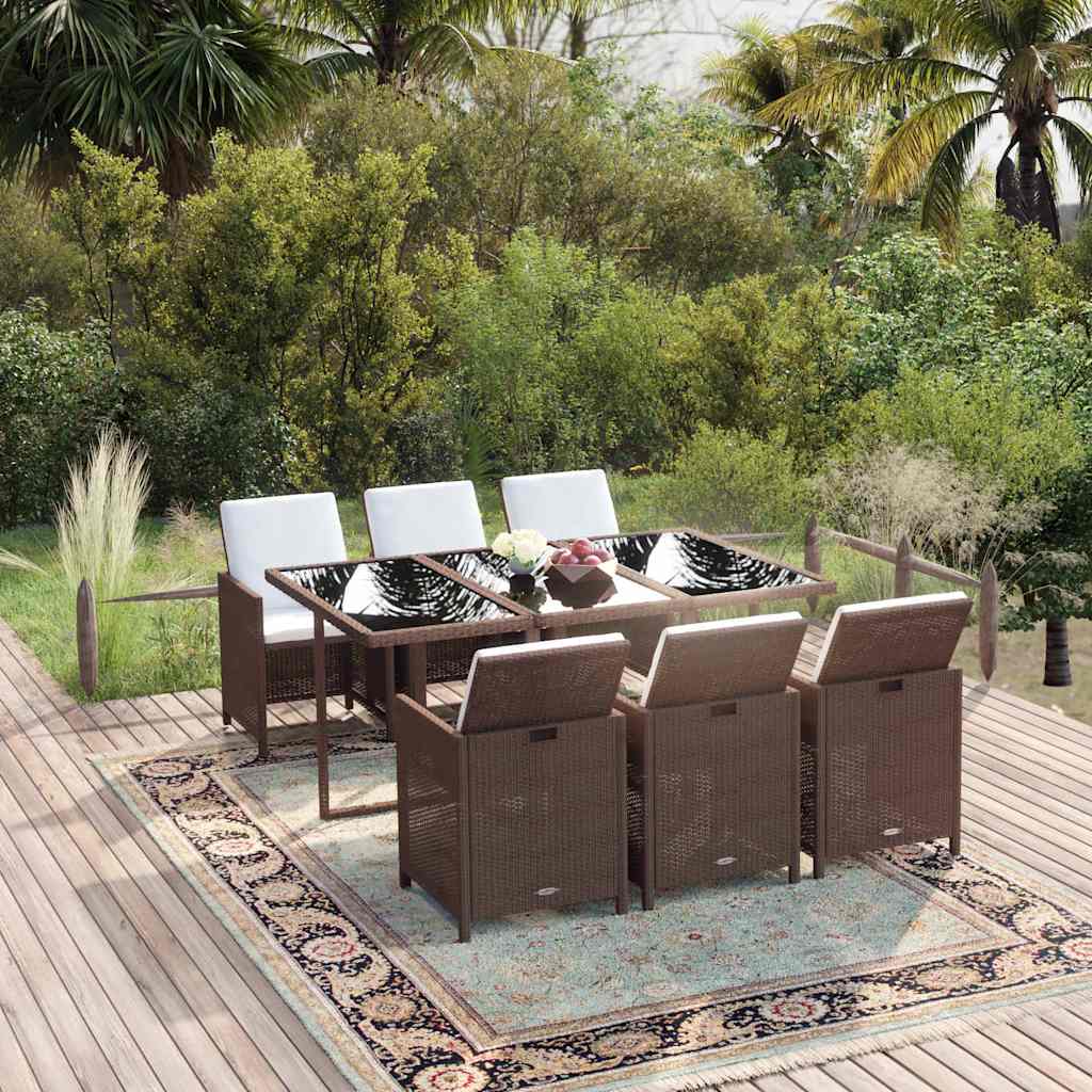 7-tlg. Garten-Essgruppe mit Kissen Poly Rattan Braun