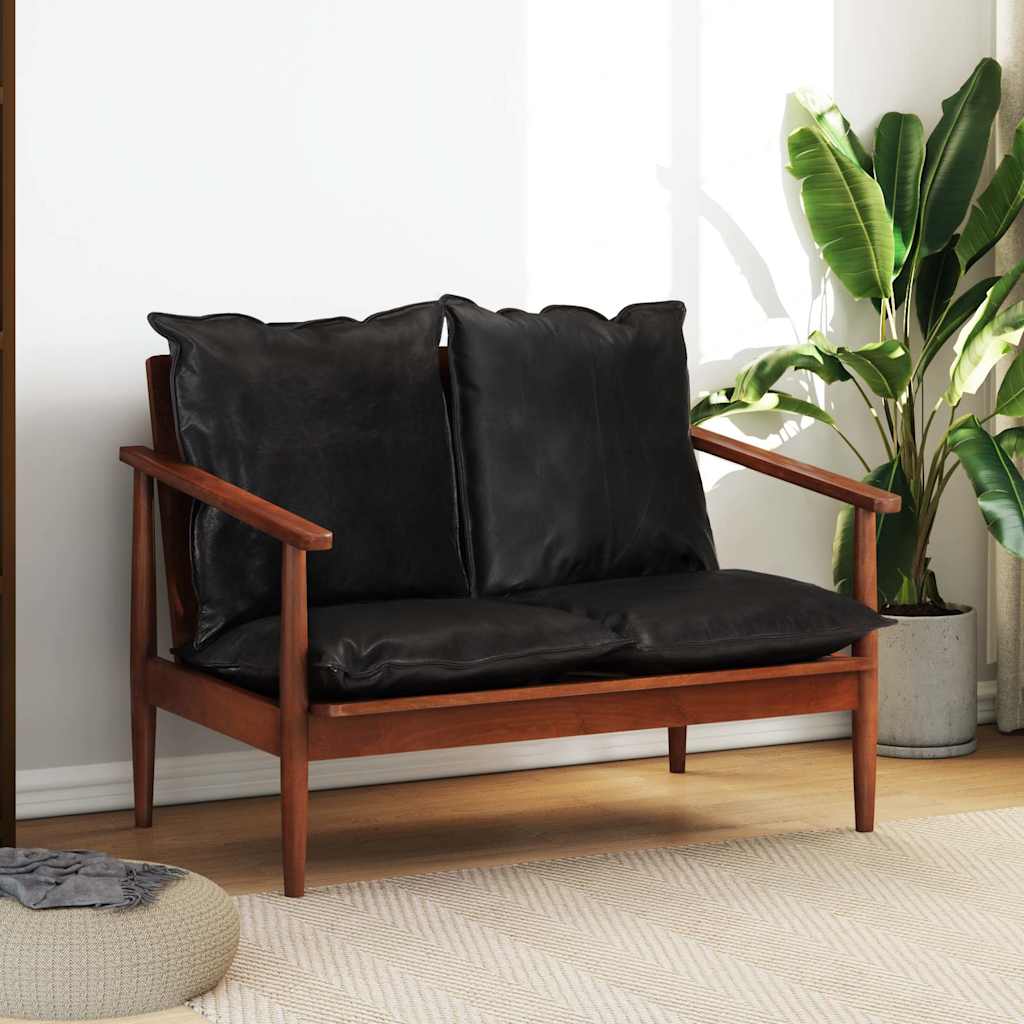 2-Sitzer-Sofa Schwarz Echtleder und Massivholz Akazie