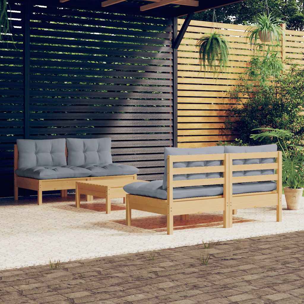 5-tlg. Garten-Lounge-Set mit Grauen Kissen Kiefernholz