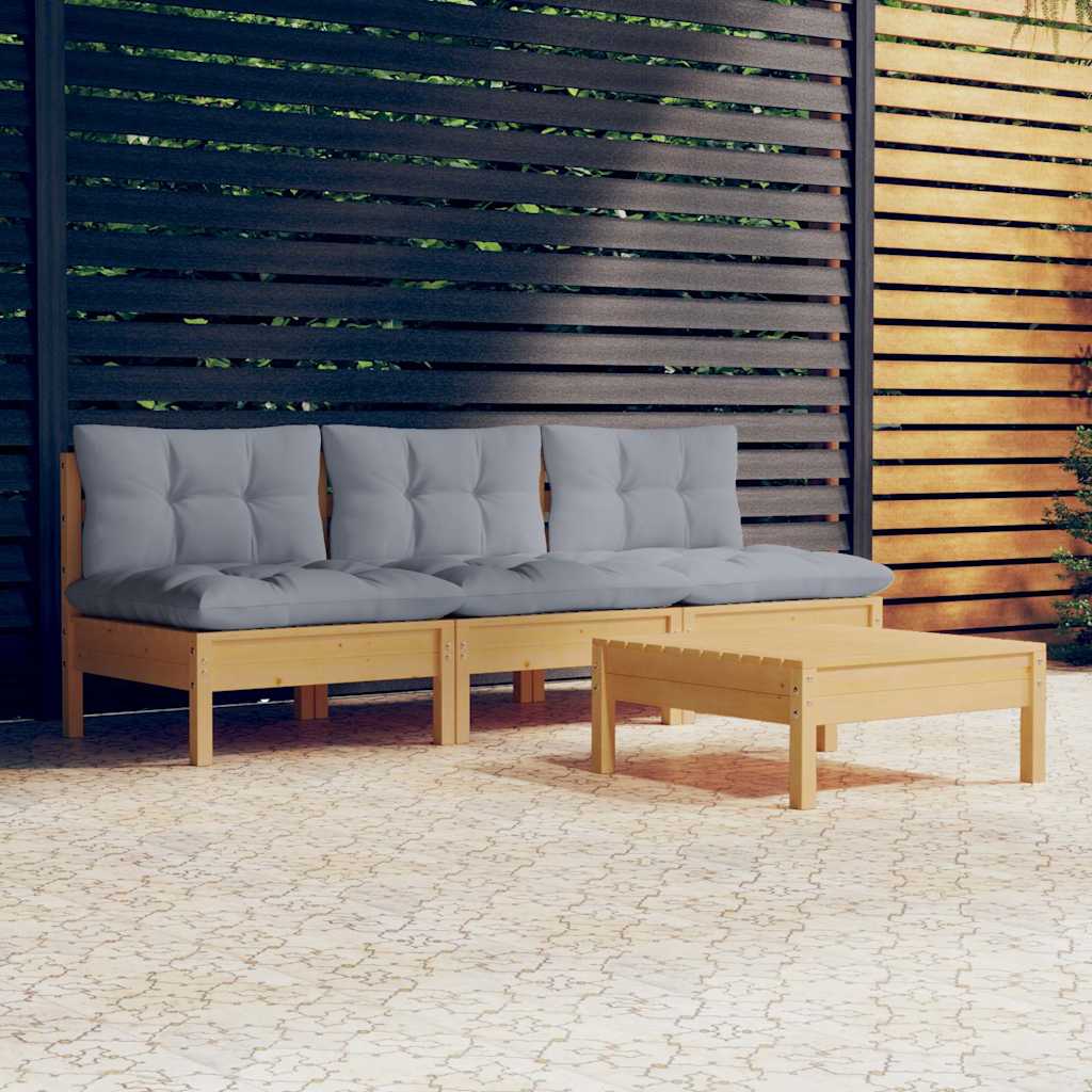 4-tlg. Garten-Lounge-Set mit Grauen Kissen Kiefernholz