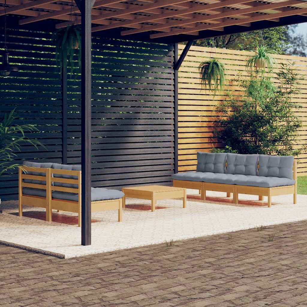 6-tlg. Garten-Lounge-Set mit Grauen Kissen Kiefernholz