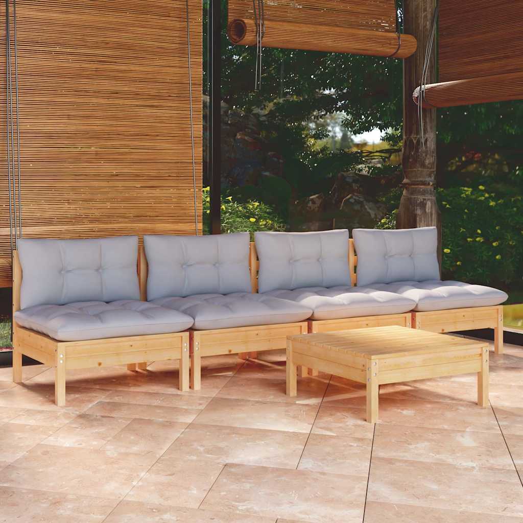 5-tlg. Garten-Lounge-Set mit Grauen Kissen Kiefernholz
